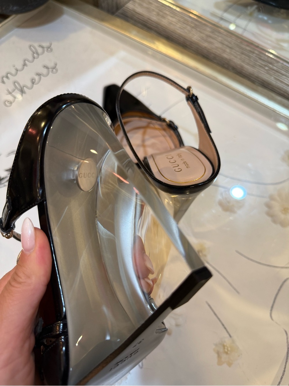 Gucci Black Patent Leather Pointed-Toe Clear Wedge Mules - Picture 4 of 12